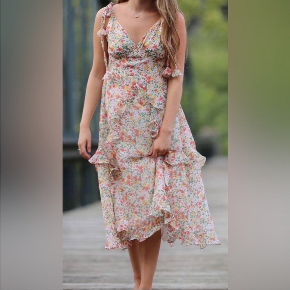 STORIA Floral Ruffle Romantic Frilly Midi Dress Tassel Ties Cottagecore Small